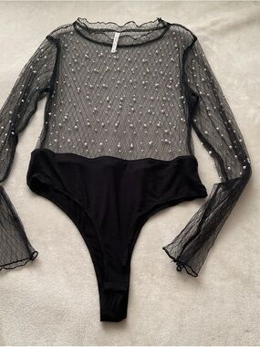 Love Nation Black Sheer Pearl-Embellished Long-Sleeve Bodysuit